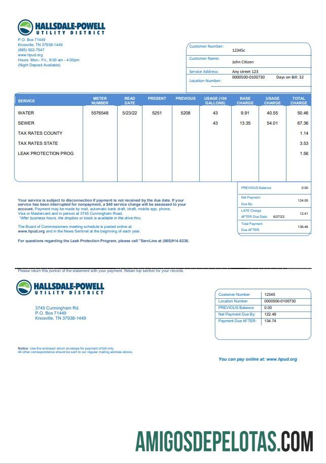 imprimível Modelo de conta de serviços públicos Hallsdale Powell dos EUA em formato Word e PDF